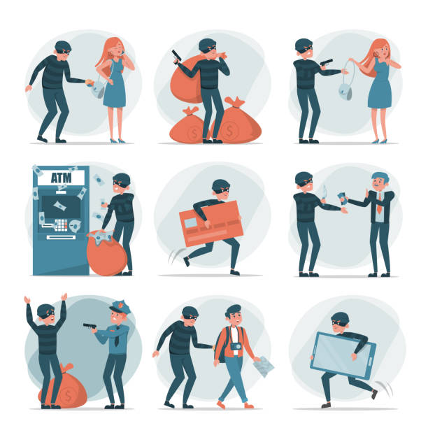 Thief stealing money set. Collection of burglars Thief stealing money set. Collection of burglars in the mask, criminal running with smartphone, credit card, threatening with pistol. Policeman catching bad man. wallet gun stock illustrations