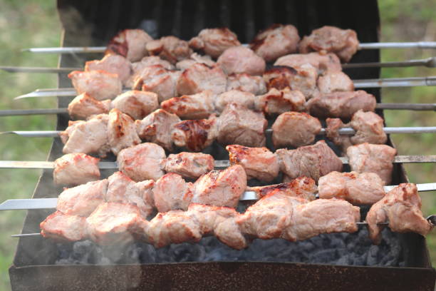 istock Cooking meat on skewers in barbecue 1252607792