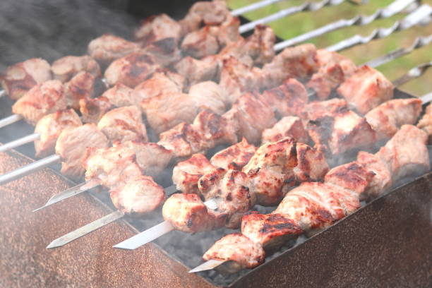 istock Cooking meat on skewers in barbecue 1252607795