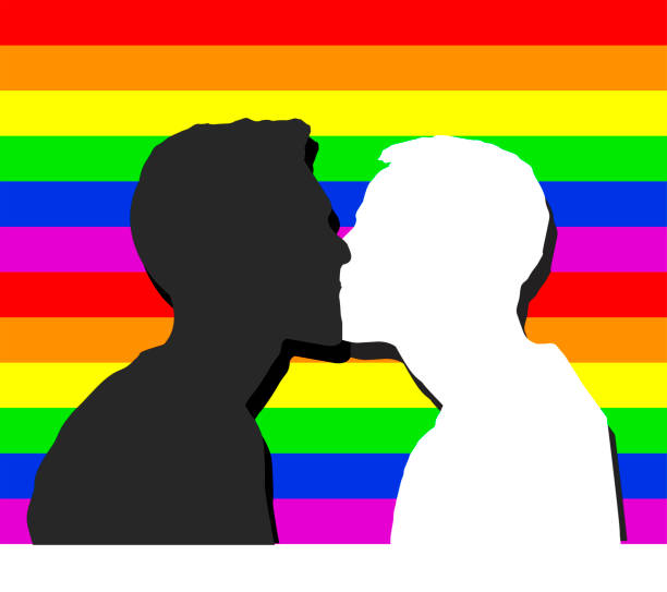 istock LGBTQ rainbow flag background and tow men kissing on foreground happily 1252608911