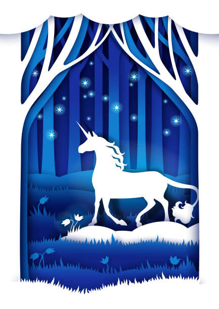 매직 유니콘, 종이 아트 스타일의 벡터 일러스트레이션 - unicorn fantasy landscape animal stock illustrations