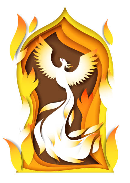 Firebird, vector illustration in paper art style Vector layered paper cut style fairytale composition. Firebird, magical and prophetic bird, Russian fairy tales and Slavic mythology character. Beautiful fairytale scene in white yellow orange colors. phenix stock illustrations