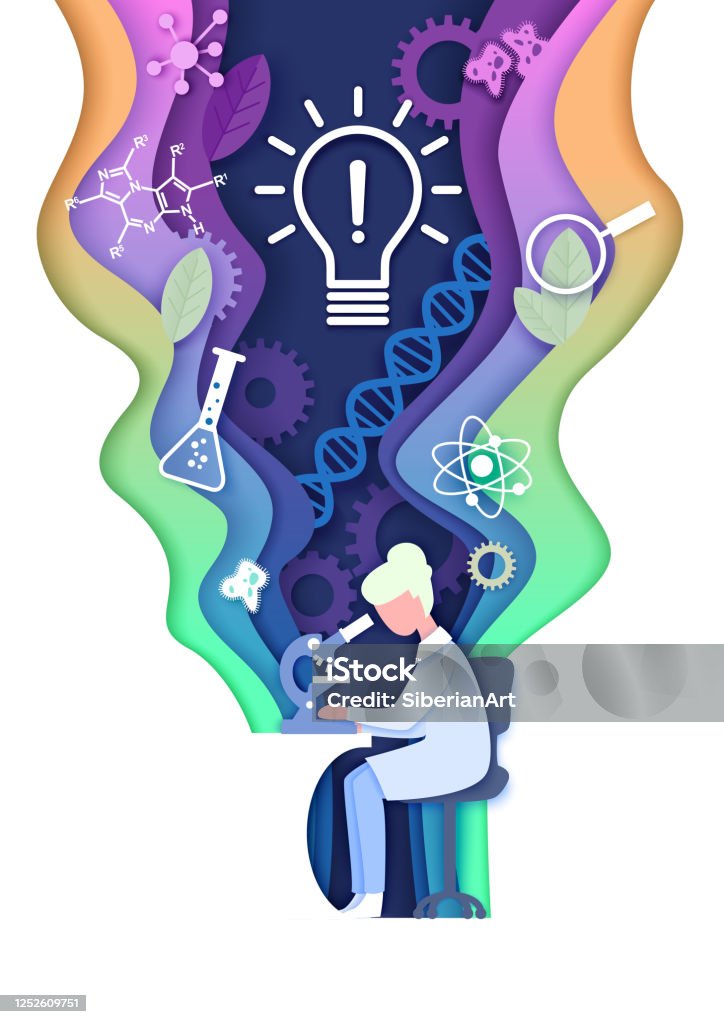 Vector layered paper cut style science learning composition Vector layered paper cut style science learning composition. Science education lab, innovation light bulb, dna research, scientific experiment concept. Healthcare And Medicine stock vector
