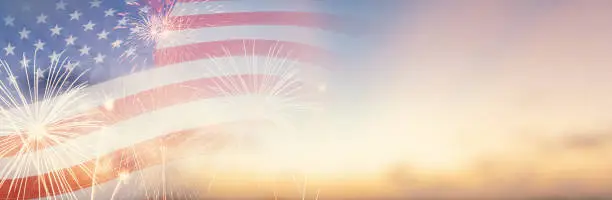 Photo of Celebration colorful firework on America flag pattern on sky background, red blue white strip concept for USA 4th july independence day, symbol of patriot freedom and democracy in memorial day festive