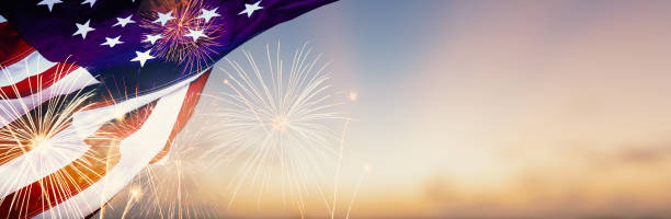 istock Celebration colorful firework on America flag pattern on sky background, red blue white strip concept for USA 4th july independence day, symbol of patriot freedom and democracy in memorial day festive 1252611210