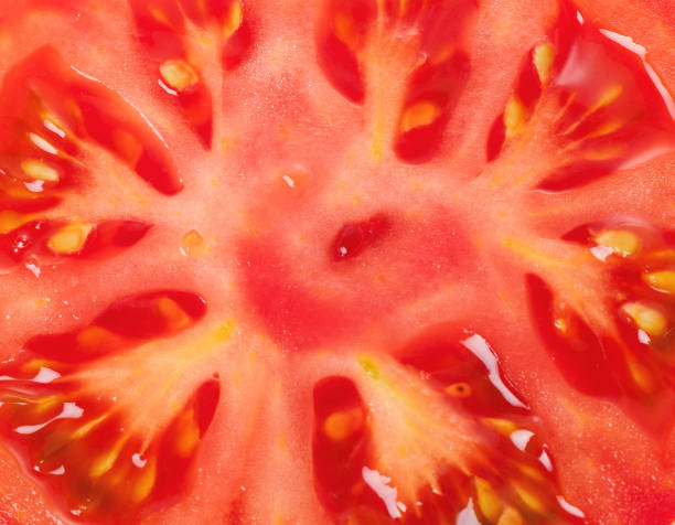 istock Slice of fresh tomato closeup, isolated on white, 1252613631
