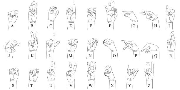 ilustrações de stock, clip art, desenhos animados e ícones de hand gestures showing letters of american sign language. - sign language american sign language text human hand