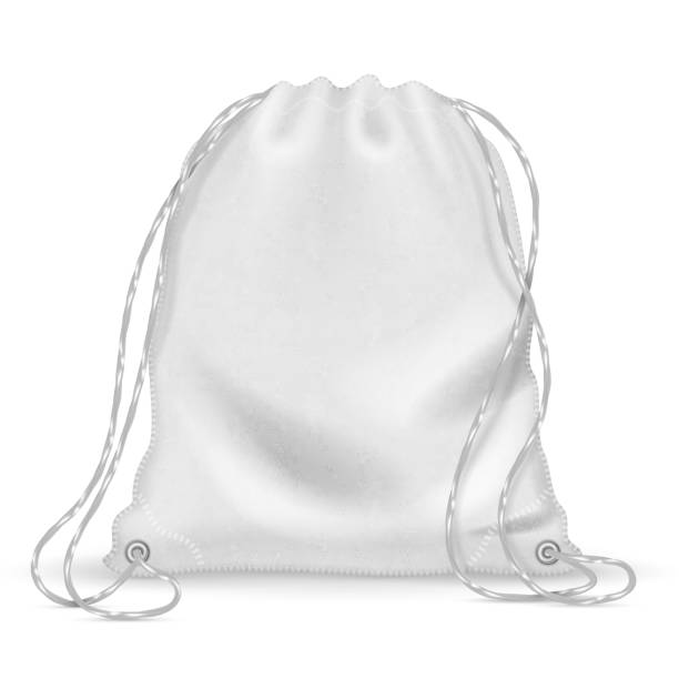 ilustrações, clipart, desenhos animados e ícones de mochila esportiva branca, saco de pano de mochileiro com cordões. modelo de vetor isolado - sack bag textile rope