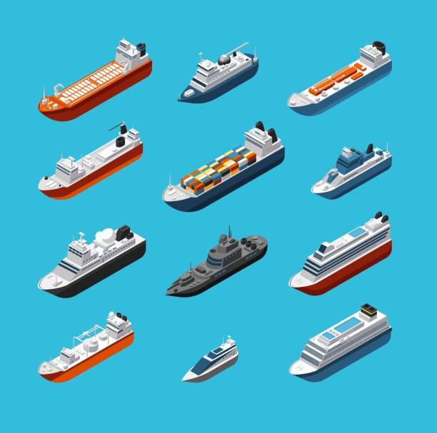 Isometric 3d military and passenger ships, boat and yacht vector sea transportation and shipping icons isolated. Transport water travel, boat ship and vessel cruise illustration