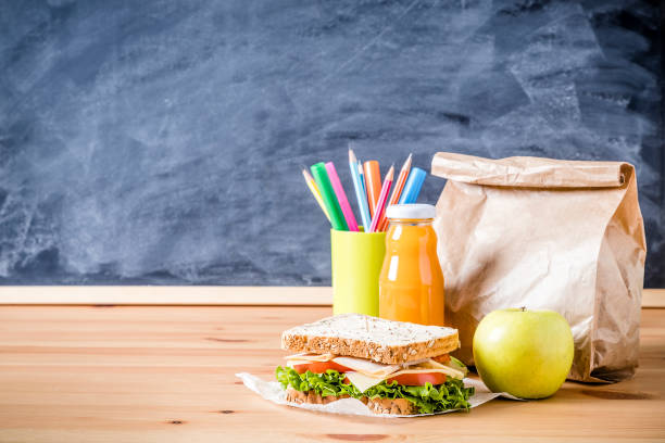 Front view of a school desk with a sandwich, a green apple, a paper bag and a fruit juice on top beside a green pencil holder full of some multicolored pencils and markers against a blackboard on a eating at school concept. Objects are at the right side of the image leaving a useful copy space at the left side on the blackboard and on the desk. Predominant color is green and brown. Studio shot taken with Canon EOS 6D Mark II and Canon EF 24-105 mm f/4L