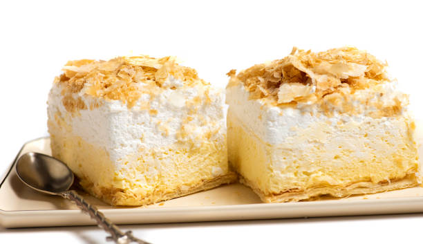 istock Cremeschnitte sweet cream pie cake on a plate 1252617233