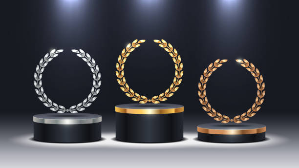 Stage podium with laurel wreath. Golden, silver and bronze stage podium in spot light. Stage podium for award ceremony. Vector illustration. Stage podium with laurel wreath. Golden, silver and bronze stage podium in spot light. Stage podium for award ceremony. Vector illustration. Bronze stock illustrations