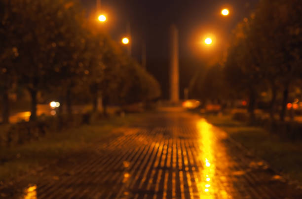 Blurred background of the night rainy city. Neon light.