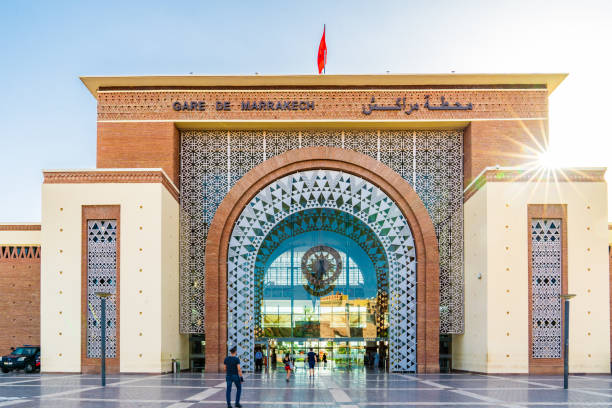 Marrakesh Railway Station main entrance, decorated with traditional Moroccan patterns and mosaics. The Gare de Marrakech is new and main train station of the city of Marrakech.