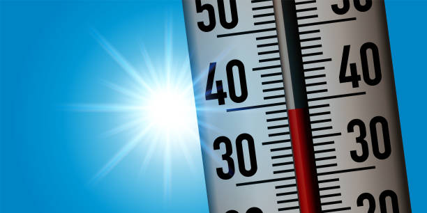 Heatwave concept with a thermometer showing the rise in temperature. Concept of the heat wave with a thermometer taken in close-up to show the rise in temperatures following global warming. heatwave stock illustrations