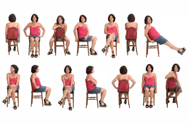 Portrait of a woman large group of same woman in skirt sitting on white background, front,side and rear view older women short skirts stock pictures, royalty-free photos & images