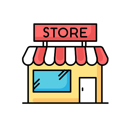 Convenience store RGB color icon. Grocery shop exterior. Small business in retail. Duty free mall with awning. Supermarket with showcase. Local boutique. Isolated vector illustration