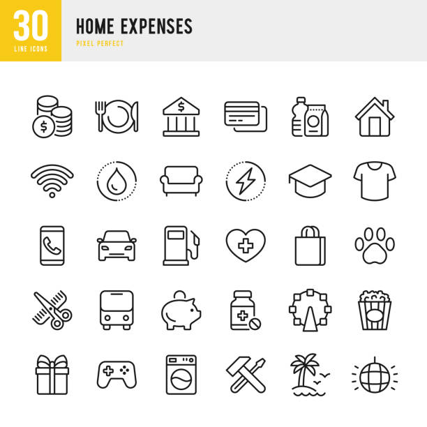 Home Expenses - thin line vector icon set. Pixel perfect. The set contains icons: Home Finances, Budget, Credit Card, Medicine, Electricity, Clothing, Hairdresser, Internet. Home Expenses - thin line vector icon set. 30 linear icon. Pixel perfect. The set contains icons: Home Finances, Budget, Credit Card, Expense, Medicine, Pill, Electricity, Clothing, Hairdresser, Internet, Furniture, Car. financial wellbeing stock illustrations