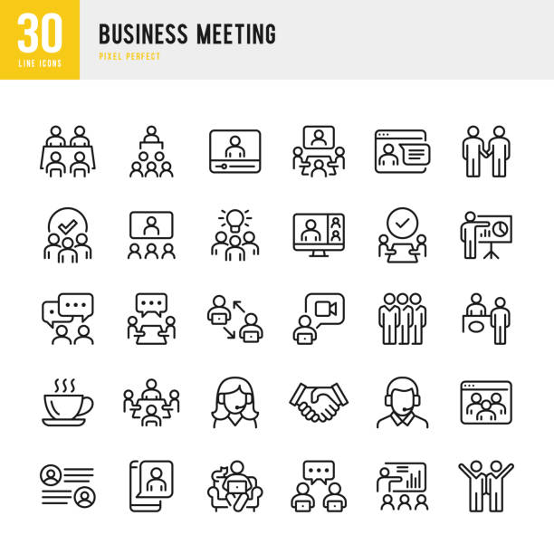 illustrations, cliparts, dessins animés et icônes de réunion d’entreprise - jeu d’icônes vectorielles de ligne mince. pixel parfait. l’ensemble contient des icônes : réunion d’affaires, conférence web, travail d’équipe, présentation, conférencier, travail distant, groupe de personnes. - teletravail