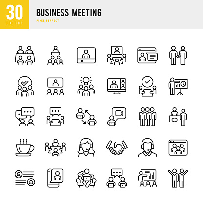 Business Meeting - thin line vector icon set. 30 linear icon. Pixel perfect. The set contains icons: Business Meeting, Web Conference, Teamwork, Presentation, Speaker, Distant Work, Group Of People.