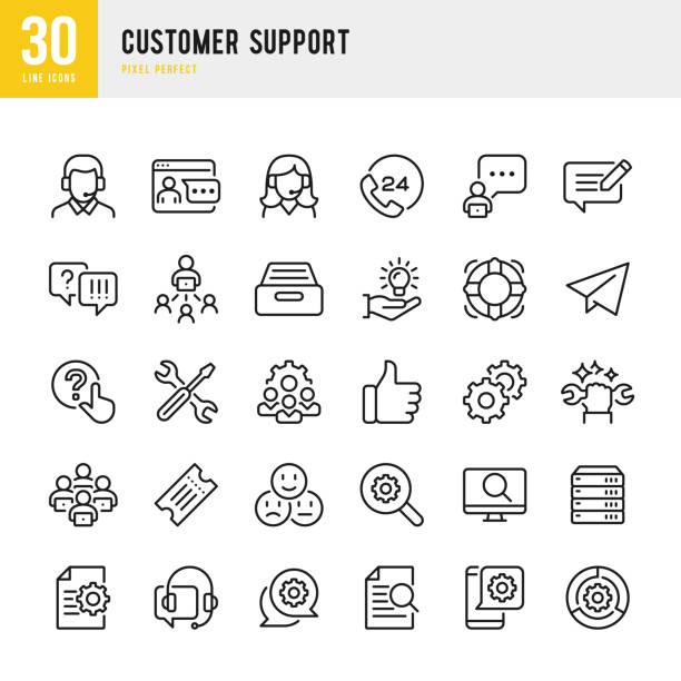 ilustrações de stock, clip art, desenhos animados e ícones de customer support - thin line vector icon set. pixel perfect. the set contains icons: contact us, life belt, support, 24 hrs telephone, text messaging, ticket. - repairing