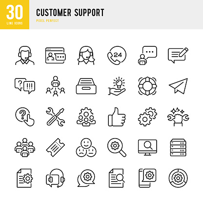 Customer Support - thin line vector icon set. 30 linear icon. Pixel perfect. The set contains icons: Contact Us, Life Belt, Support, 24 Hrs Telephone, Text Messaging, Tech Team, Like Button, Ticket.