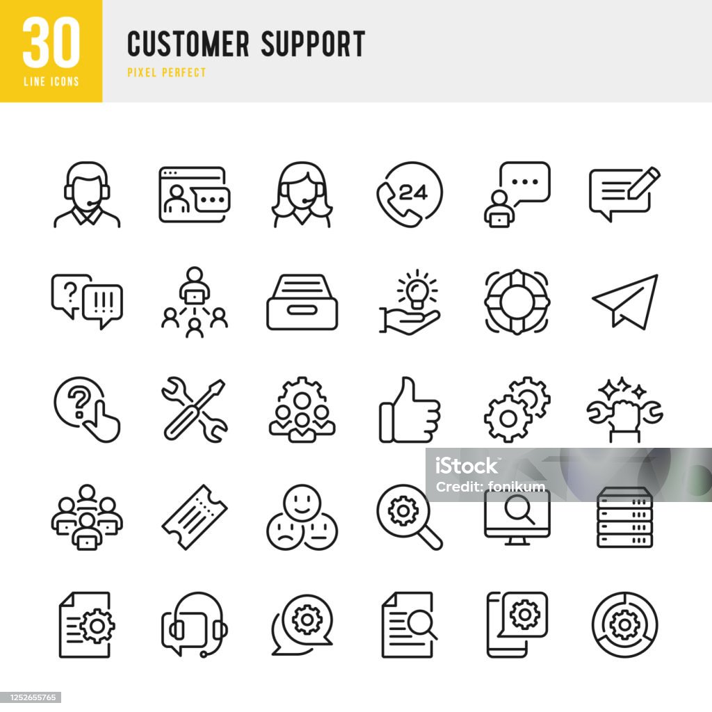 Customer Support - thin line vector icon set. Pixel perfect. The set contains icons: Contact Us, Life Belt, Support, 24 Hrs Telephone, Text Messaging, Ticket. Customer Support - thin line vector icon set. 30 linear icon. Pixel perfect. The set contains icons: Contact Us, Life Belt, Support, 24 Hrs Telephone, Text Messaging, Tech Team, Like Button, Ticket. Icon stock vector