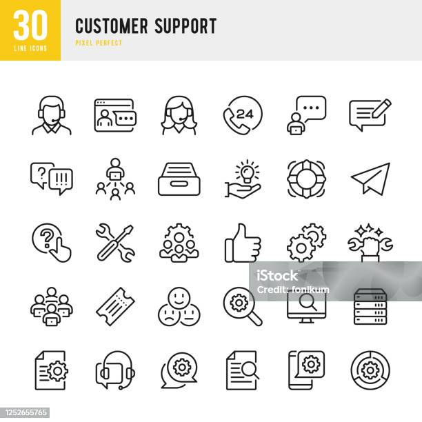 Customer Support Thin Line Vector Icon Set Pixel Perfect The Set Contains Icons Contact Us Life Belt Support 24 Hrs Telephone Text Messaging Ticket Stock Illustration - Download Image Now
