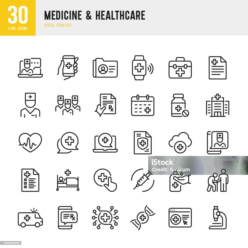 Medizin & Gesundheitswesen - Dünnlinien-Vektor-Symbol-Set. Pixel perfekt. Das Set enthält Symbole: Telemedizin, Arzt, Senior Adult Assistance, Pill Bottle, Erste Hilfe, Medizinische Untersuchung, Krankenversicherung. - Lizenzfrei Icon Vektorgrafik