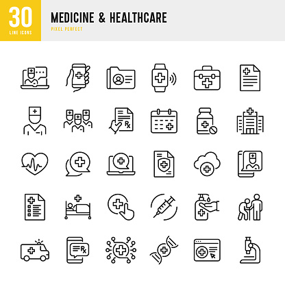 Medicine & Healthcare - thin line vector icon set. 30 linear icon. Pixel perfect. The set contains icons: Telemedicine, Doctor, Senior Adult Assistance, Prescription, Pill Bottle, First Aid, Medical Exam, Medical Insurance, Hospital.
