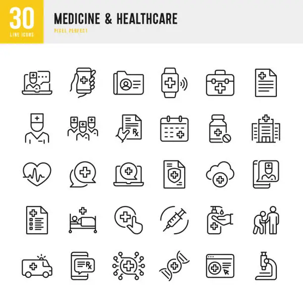 Vector illustration of Medicine & Healthcare - thin line vector icon set. Pixel perfect. The set contains icons: Telemedicine, Doctor, Senior Adult Assistance, Pill Bottle, First Aid, Medical Exam, Medical Insurance.