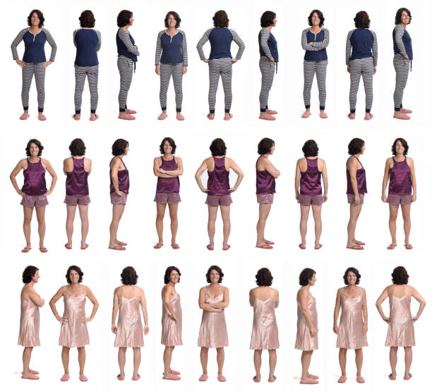 Portrait of a woman large group of various photos of the same woman with sleepwear on white background, front, rear and side view same person multiple images stock pictures, royalty-free photos & images