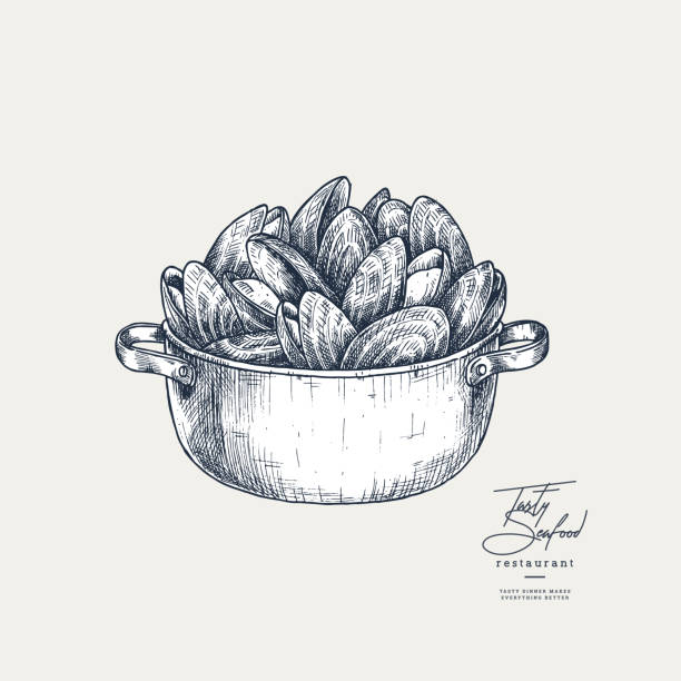 illustrazioni stock, clip art, cartoni animati e icone di tendenza di illustrazione incisa di casseruola di cozze. design dei frutti di mare. - mussells