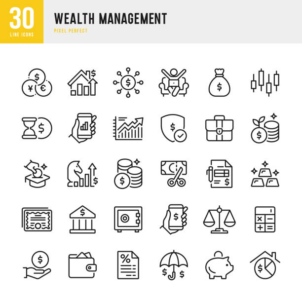 wealth management - zestaw ikon wektorowych cienkich linii. piksel idealny. zestaw zawiera ikony: dane giełdowe, złoto, strategia biznesowa, skarbonka, inwestycje, gospodarka, podatek. - stock certificate finance business wealth stock illustrations