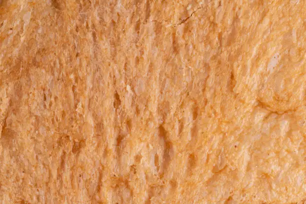 Close up photo of the inside of white bread in color