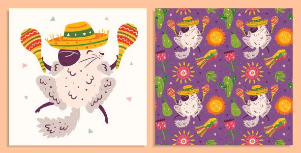 Vector illustration of Mexico holiday. Little cute chinchillas in sombrero with maracas, cactus, sun, pinata, flower and flags. Mexican party. Latin America. Flat colourful vector seamless pattern, background. Card making.