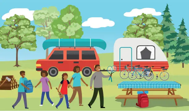 Vector illustration of A Family Camping In The Woods