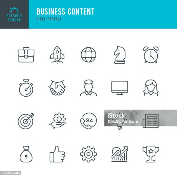 Business Content Thin Line Vector Icon Set Pixel Perfect Editable Stroke The Set Contains Icons Startup Business Strategy Data Analysis Budget Target Award Portfolio Man Women Idea Contact Us Stock Illustration - Download Image Now