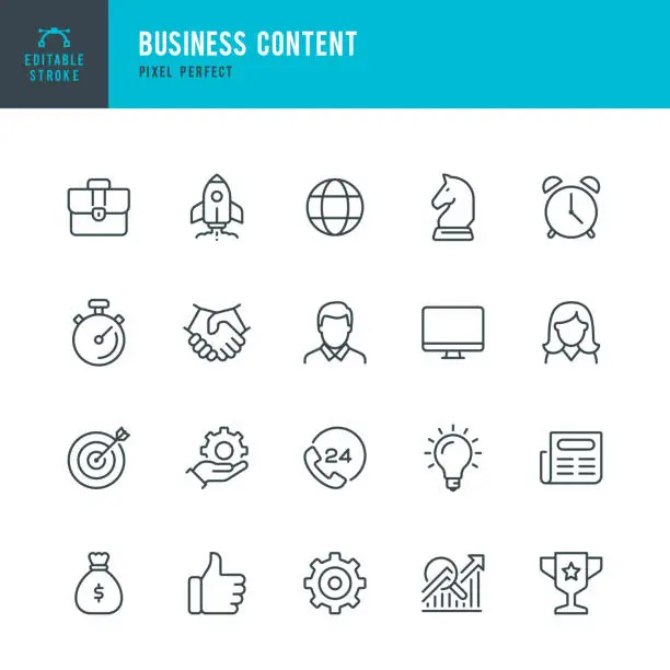 Vector illustration of Business Content - thin line vector icon set. Pixel perfect. Editable stroke. The set contains icons: Startup, Business Strategy, Data Analysis, Budget, Target, Award, Portfolio, Man, Women, Idea, Contact Us.