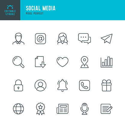 Social Media - thin line vector icon set. 20 linear icon. Pixel perfect. Editable outline stroke. The set contains icons: Male; Female, E-Mail, Speech Bubble, Telephone, News, Heart Shape,  Reminder.