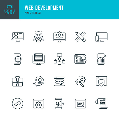 Web Development - thin line vector icon set. 20 linear icon. Pixel perfect. Editable outline stroke. The set contains icons: Web Design, Web Development, Data Analysis, Coding, SEO, Portfolio, Web Page, Creative Occupation.
