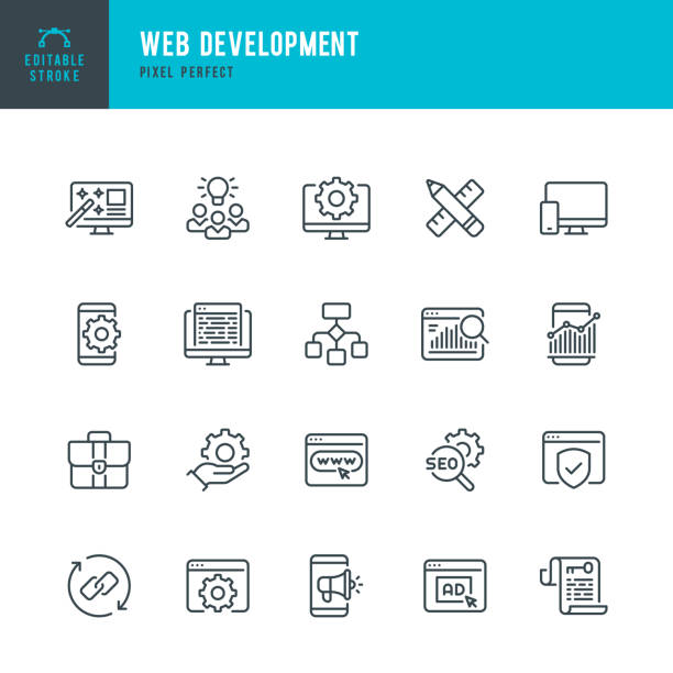 Web Development - thin line vector icon set. Pixel perfect. Editable stroke. The set contains icons: Web Design, Data Analyzing, Coding, SEO, Portfolio, Web Page, Creative Occupation. Web Development - thin line vector icon set. 20 linear icon. Pixel perfect. Editable outline stroke. The set contains icons: Web Design, Web Development, Data Analysis, Coding, SEO, Portfolio, Web Page, Creative Occupation. science and technology icon stock illustrations