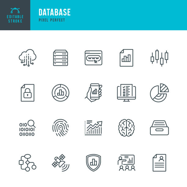 DATABASE - thin line vector icon set. Pixel perfect. Editable stroke. The set contains icons: Big Data, Biometric Data, Analyzing, Diagram, Personal Data, Cloud Computing, Archive, Stock Market Data, Brain. DATABASE - thin line vector icon set. 20 linear icon. Pixel perfect. Editable outline stroke. The set contains icons: Big Data, Biometric Data, Analyzing, Diagram, Personal Data, Network Server, Cloud Computing, Archive, Stock Market Data, Brain. market intelligence stock illustrations