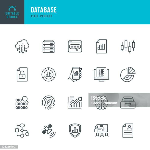 Database Thin Line Vector Icon Set Pixel Perfect Editable Stroke The Set Contains Icons Big Data Biometric Data Analyzing Diagram Personal Data Cloud Computing Archive Stock Market Data Brain Stock Illustration - Download Image Now