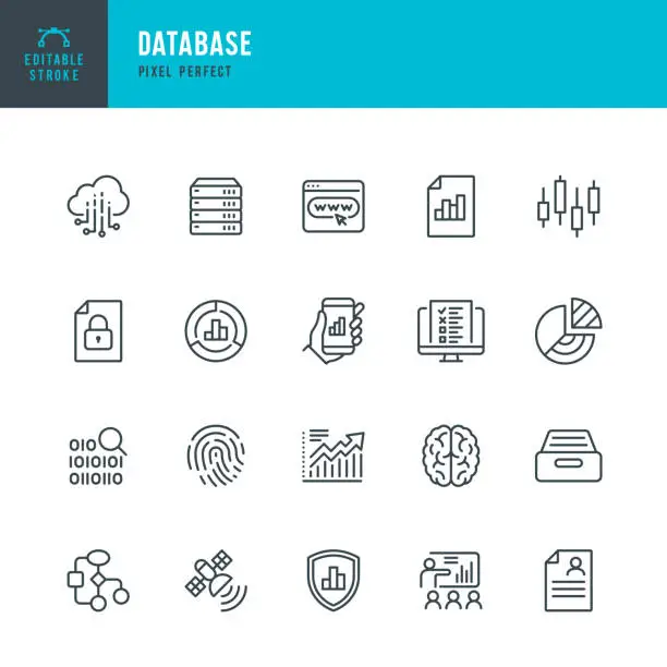 Vector illustration of DATABASE - thin line vector icon set. Pixel perfect. Editable stroke. The set contains icons: Big Data, Biometric Data, Analyzing, Diagram, Personal Data, Cloud Computing, Archive, Stock Market Data, Brain.