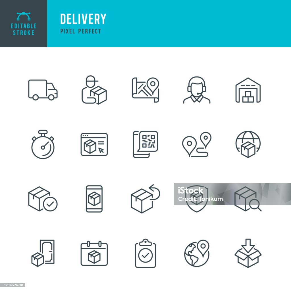 DELIVERY - thin line vector icon set. Pixel perfect. Editable stroke. The set contains icons: Delivery, Delivery Person, Delivery Truck, Package, Product Return, Warehouse, Support. DELIVERY - thin line vector icon set. 20 linear icon. Pixel perfect. Editable outline stroke. The set contains icons: Delivery, Delivery Person, Package, Delivery Truck, Product Return, Warehouse, Support. Icon stock vector