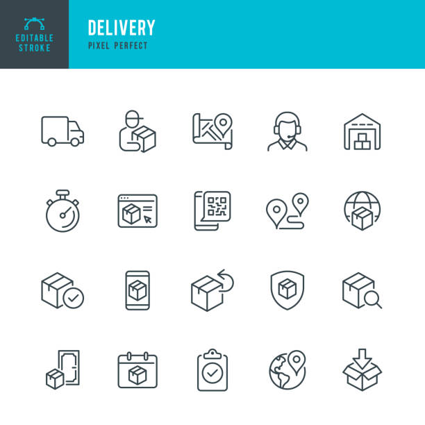DELIVERY - thin line vector icon set. Pixel perfect. Editable stroke. The set contains icons: Delivery, Delivery Person, Delivery Truck, Package, Product Return, Warehouse, Support. DELIVERY - thin line vector icon set. 20 linear icon. Pixel perfect. Editable outline stroke. The set contains icons: Delivery, Delivery Person, Package, Delivery Truck, Product Return, Warehouse, Support. warehouse icons stock illustrations
