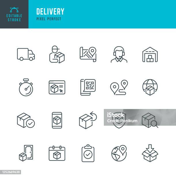 Delivery Thin Line Vector Icon Set Pixel Perfect Editable Stroke The Set Contains Icons Delivery Delivery Person Delivery Truck Package Product Return Warehouse Support Stock Illustration - Download Image Now