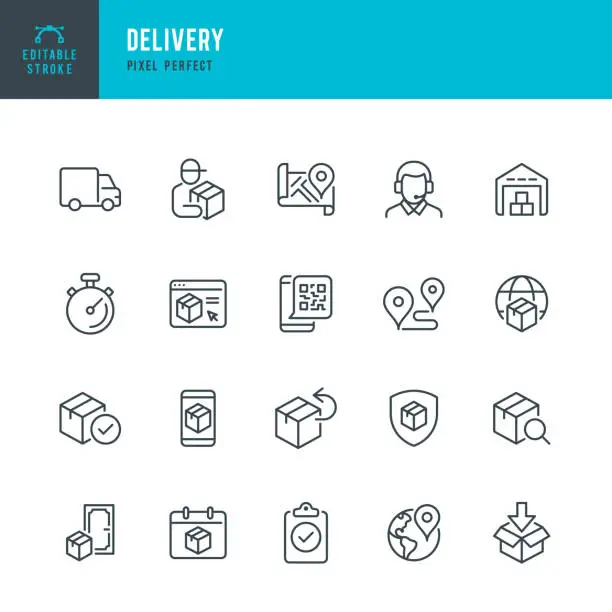 Vector illustration of DELIVERY - thin line vector icon set. Pixel perfect. Editable stroke. The set contains icons: Delivery, Delivery Person, Delivery Truck, Package, Product Return, Warehouse, Support.