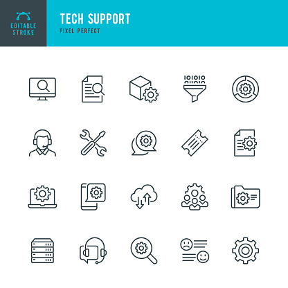 Tech Support - thin line vector icon set. 20 linear icon. Pixel perfect. Editable outline stroke. The set contains icons: Contact Us,  IT Support, Support, Ticket, Tech Team, Call Center, Work Tool.